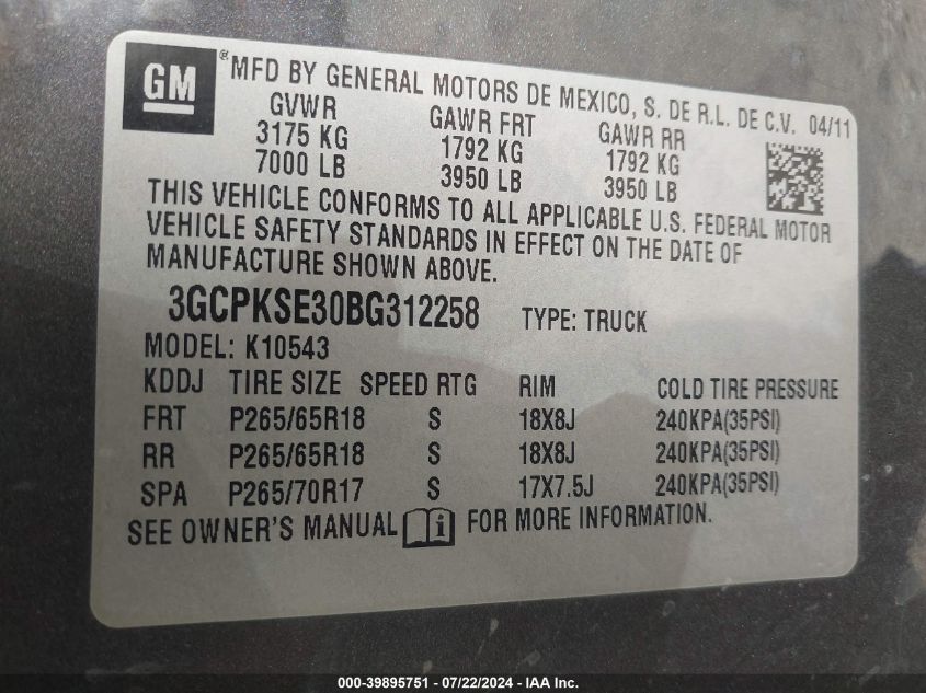 2011 Chevrolet Silverado 1500 Lt VIN: 3GCPKSE30BG312258 Lot: 39895751