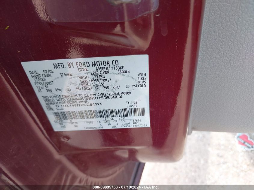 2006 Ford F-150 Stx/Xl/Xlt VIN: 1FTRX14W76KC54325 Lot: 39895753