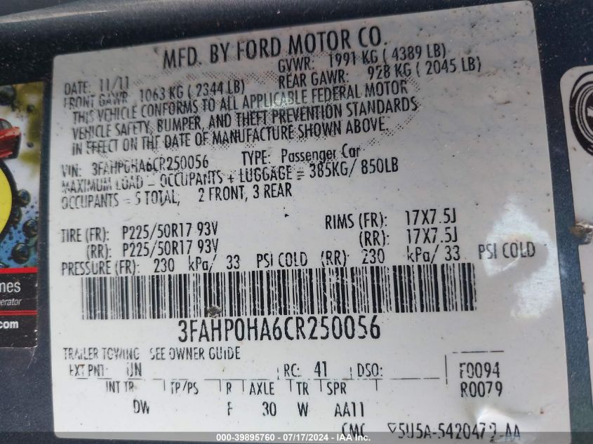 2012 Ford Fusion Se VIN: 3FAHP0HA6CR250056 Lot: 39895760