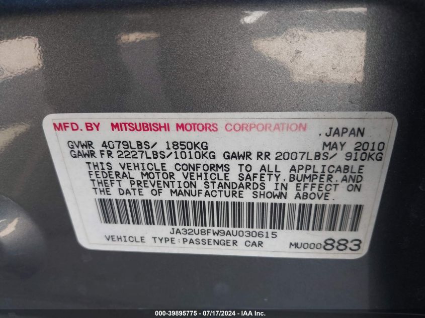 2010 Mitsubishi Lancer Gts VIN: JA32U8FW9AU030615 Lot: 39895775