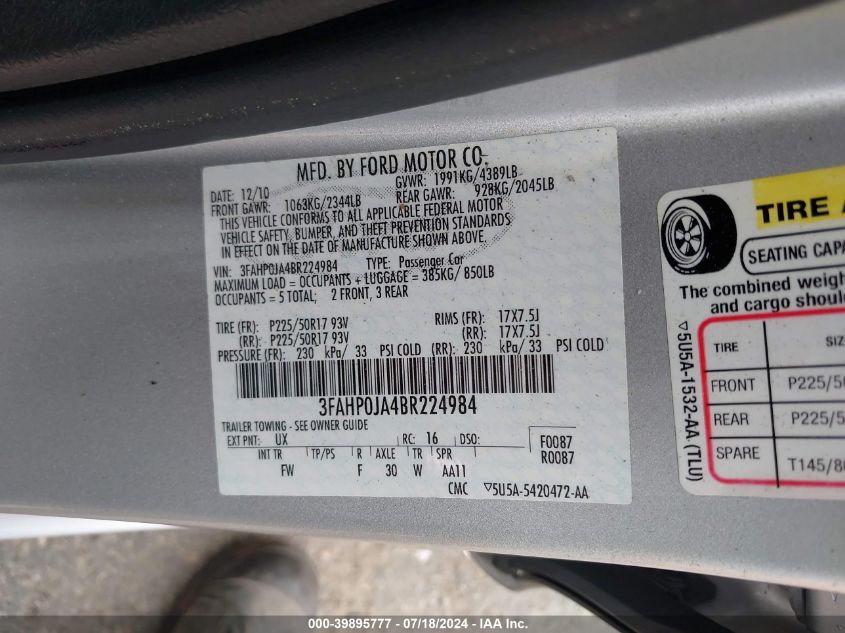 2011 Ford Fusion Sel VIN: 3FAHP0JA4BR224984 Lot: 39895777