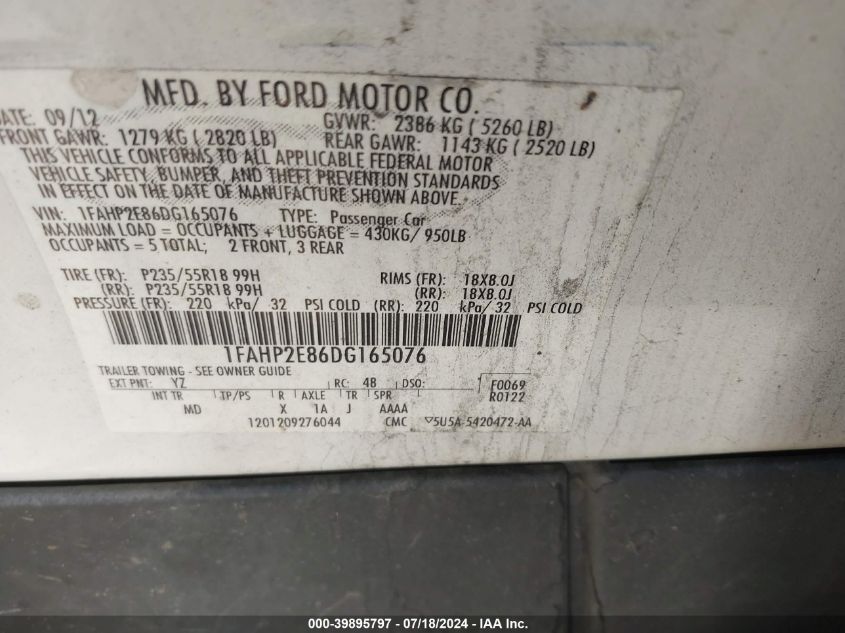 2013 Ford Taurus Sel VIN: 1FAHP2E86DG165076 Lot: 39895797