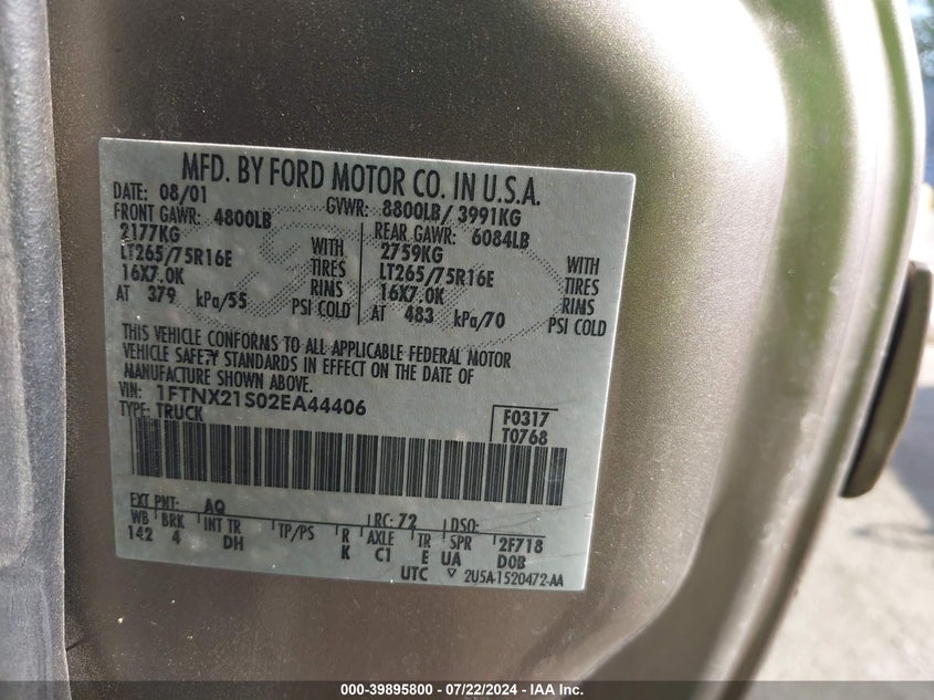 2002 Ford F-250 Lariat/Xl/Xlt VIN: 1FTNX21S02EA44406 Lot: 39895800