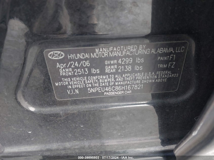 2006 Hyundai Sonata Gls/Lx VIN: 5NPEU46C86H167821 Lot: 39895803