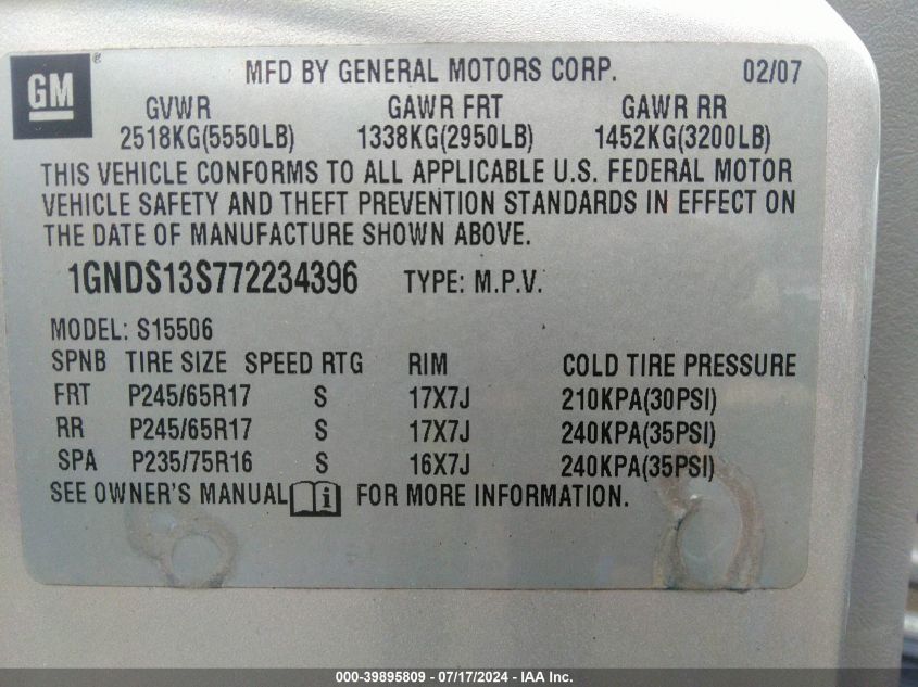 2007 Chevrolet Trailblazer Ls VIN: 1GNDS13S772234396 Lot: 39895809