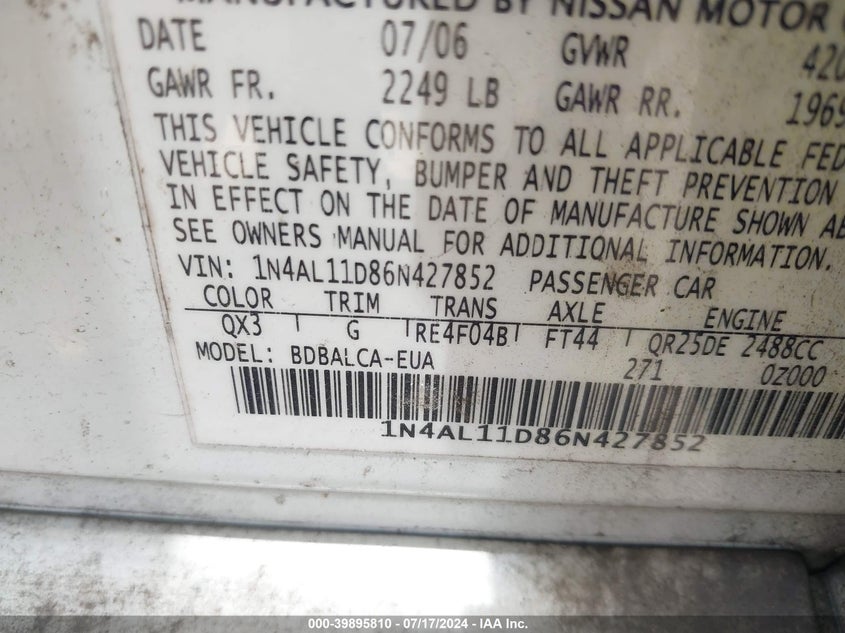1N4AL11D86N427852 2006 Nissan Altima 2.5 S