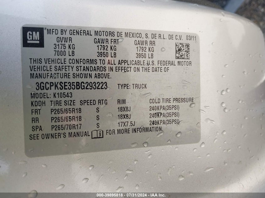2011 Chevrolet Silverado 1500 Lt VIN: 3GCPKSE35BG293223 Lot: 39895818