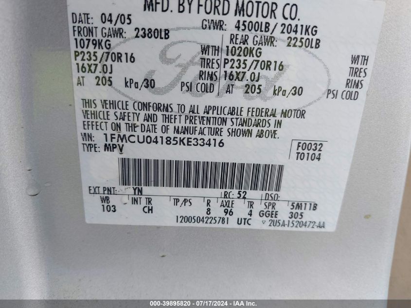 2005 Ford Escape Limited VIN: 1FMCU04185KE33416 Lot: 39895820