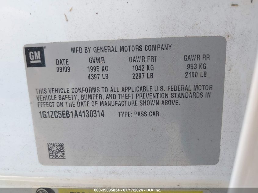 1G1ZC5EB1A4130314 2010 Chevrolet Malibu Lt