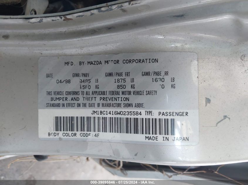 1998 Mazda Protege Dx/Lx VIN: JM1BC1416W0235584 Lot: 39895846