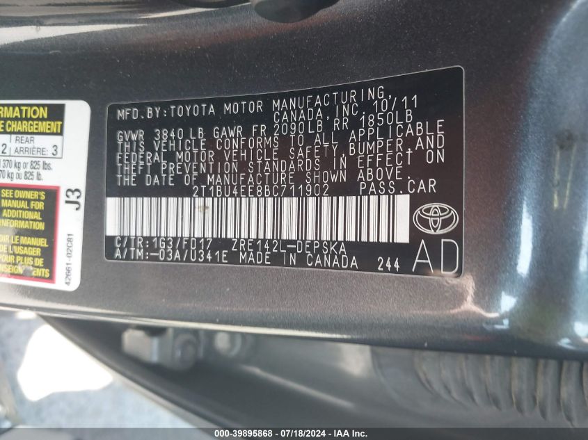 2011 Toyota Corolla S/Le VIN: 2T1BU4EE8BC711902 Lot: 39895868