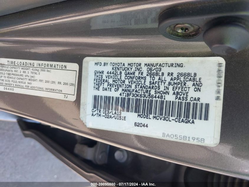 2003 Toyota Camry Le/Xle/Se VIN: 4T1BF30K63U564481 Lot: 39895880