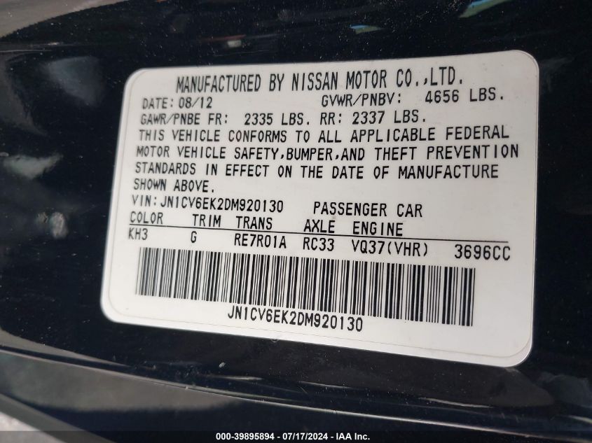 2013 Infiniti G37 Journey VIN: JN1CV6EK2DM920130 Lot: 39895894