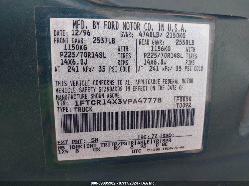 1997 Ford Ranger Splash/Xlt VIN: 1FTCR14X3VPA47778 Lot: 39895902