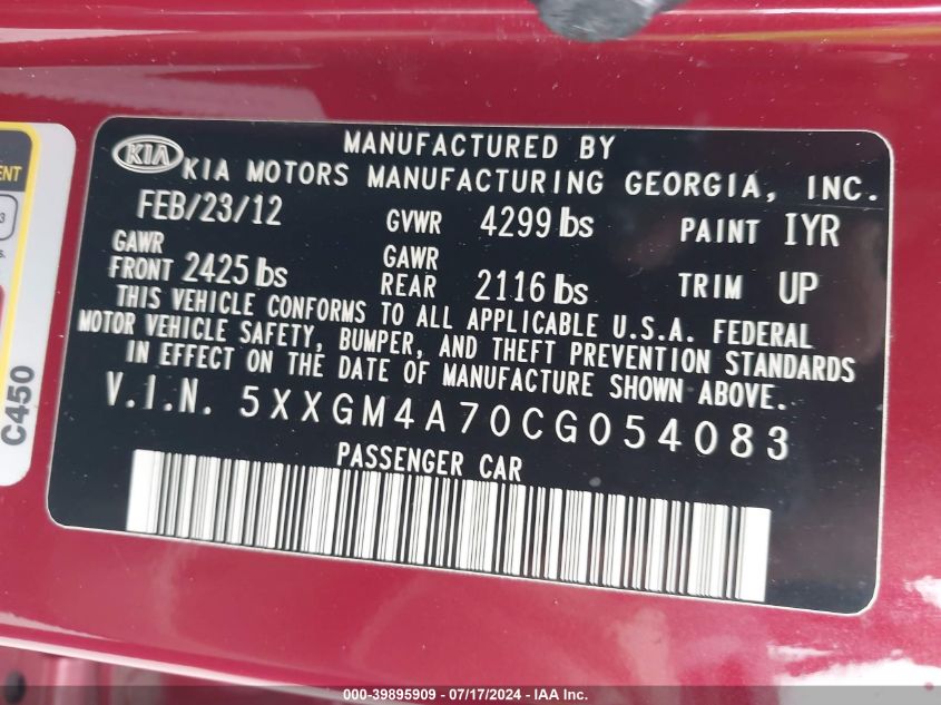 2012 Kia Optima Lx VIN: 5XXGM4A70CG054083 Lot: 39895909