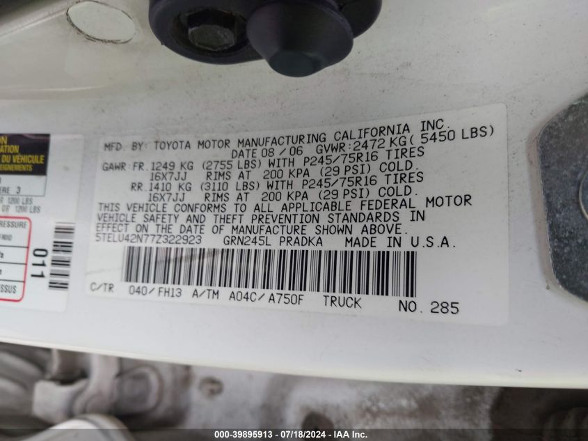 2007 Toyota Tacoma VIN: 5TELU42N77Z322923 Lot: 39895913