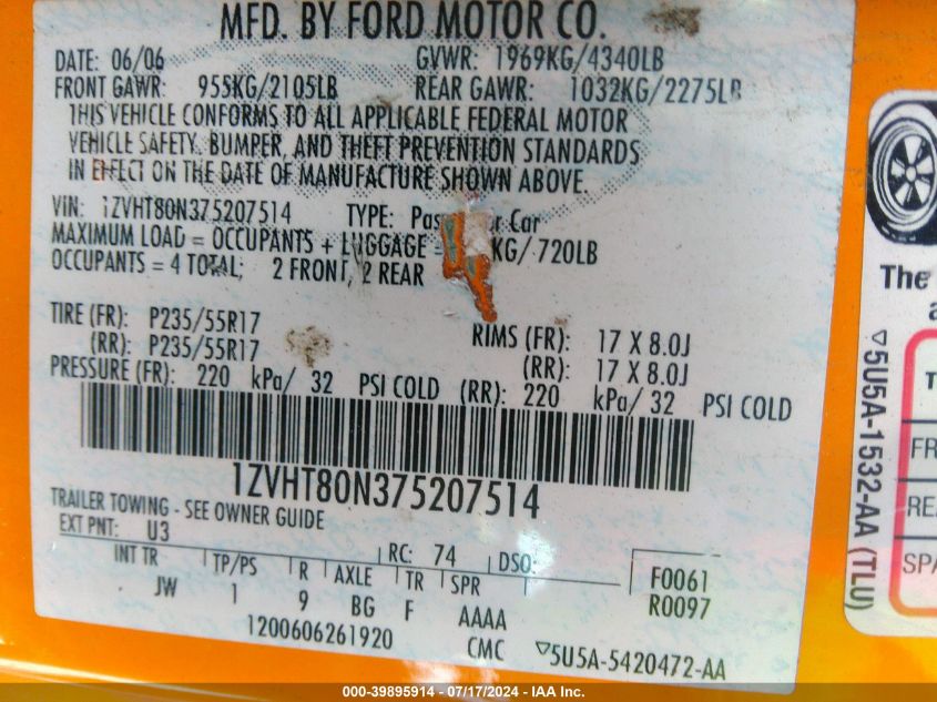 2007 Ford Mustang VIN: 1ZVHT80N375207514 Lot: 39895914