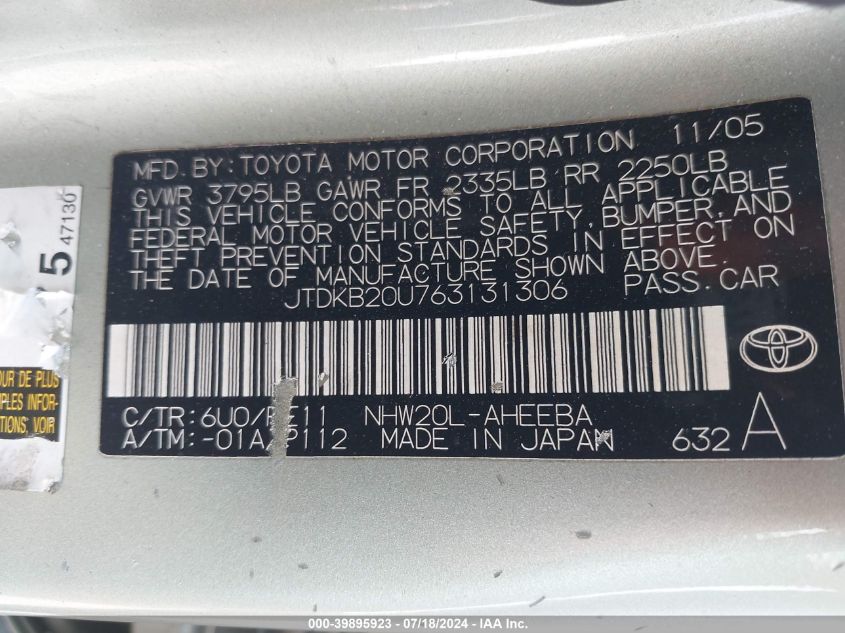 2006 Toyota Prius VIN: JTDKB20U763131306 Lot: 39895923