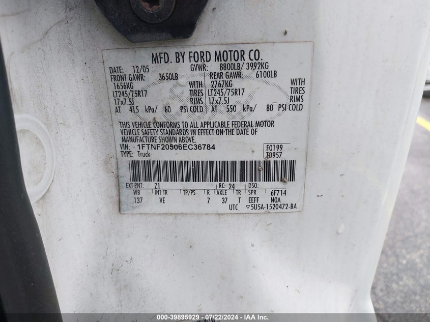 2006 Ford F-250 Xl/Xlt VIN: 1FTNF20506EC36784 Lot: 39895929