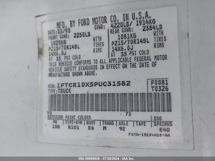 1993 Ford Ranger VIN: 1FTCR10X5PUC31582 Lot: 39895938