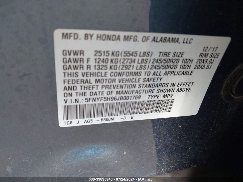 2018 Honda Pilot Touring VIN: 5FNYF5H96JB001769 Lot: 39895940