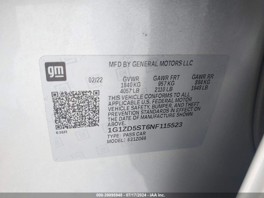 2022 Chevrolet Malibu Fwd Lt VIN: 1G1ZD5ST6NF115523 Lot: 39895948