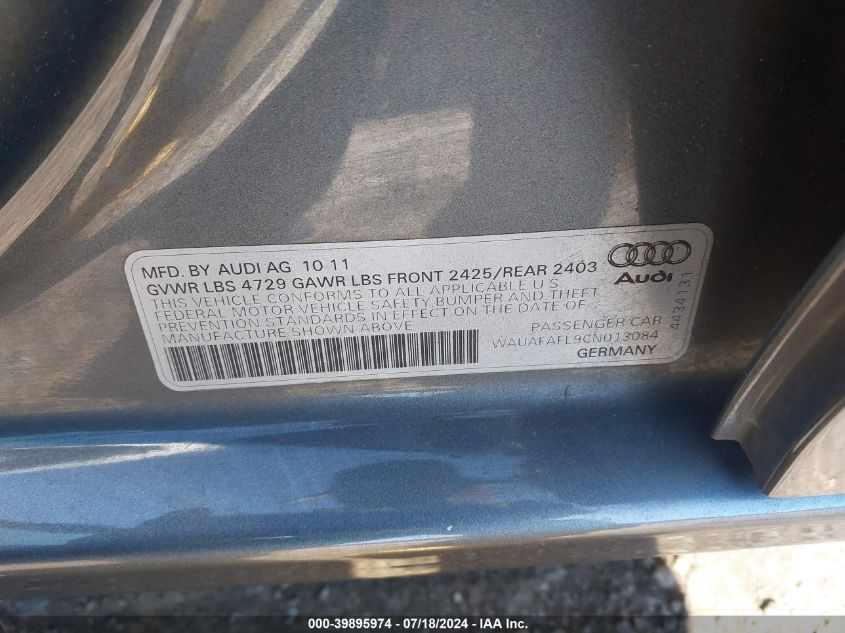 2012 Audi A4 2.0T Premium VIN: WAUAFAFL9CN013084 Lot: 39895974