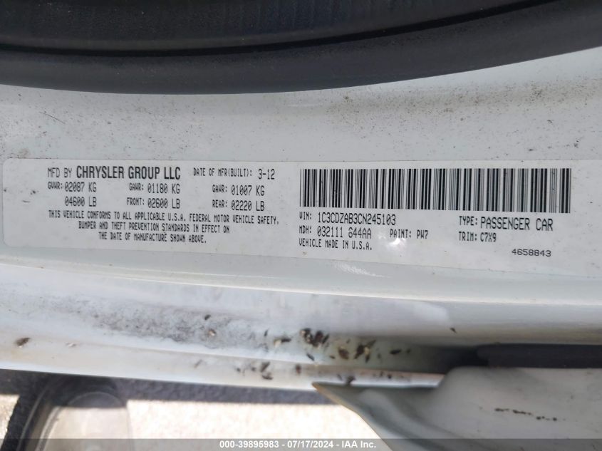 2012 Dodge Avenger Se VIN: 1C3CDZAB3CN245103 Lot: 39895983