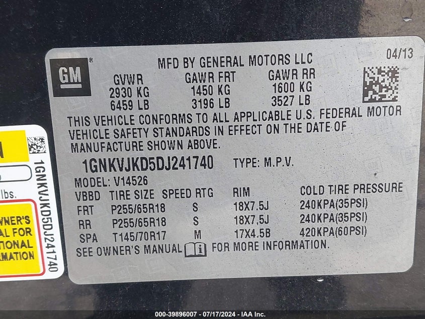 2013 Chevrolet Traverse 2Lt VIN: 1GNKVJKD5DJ241740 Lot: 39896007