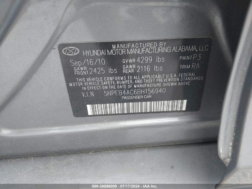 5NPEB4AC6BH156940 | 2011 HYUNDAI SONATA