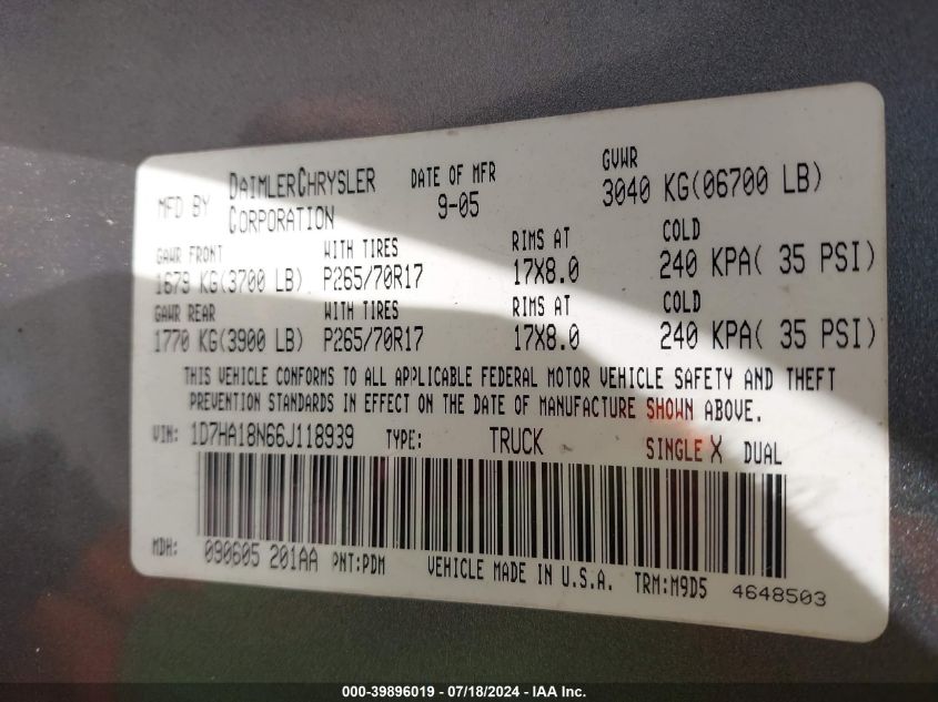 2006 Dodge Ram 1500 St/Slt VIN: 1D7HA18N66J118939 Lot: 39896019