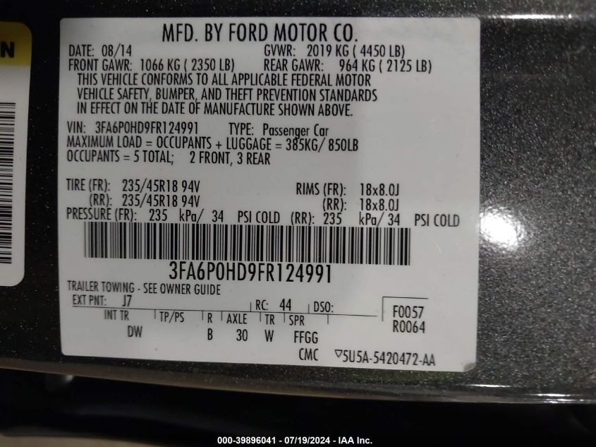 2015 Ford Fusion Se VIN: 3FA6P0HD9FR124991 Lot: 39896041