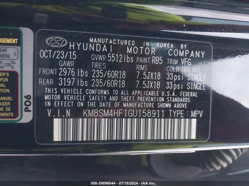 2016 Hyundai Santa Fe Se VIN: KM8SM4HF1GU158911 Lot: 39896044