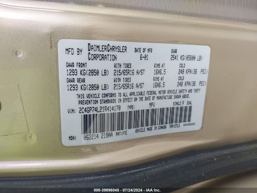 2001 Chrysler Town & Country Ex VIN: 2C4GP74L21R414170 Lot: 39896045