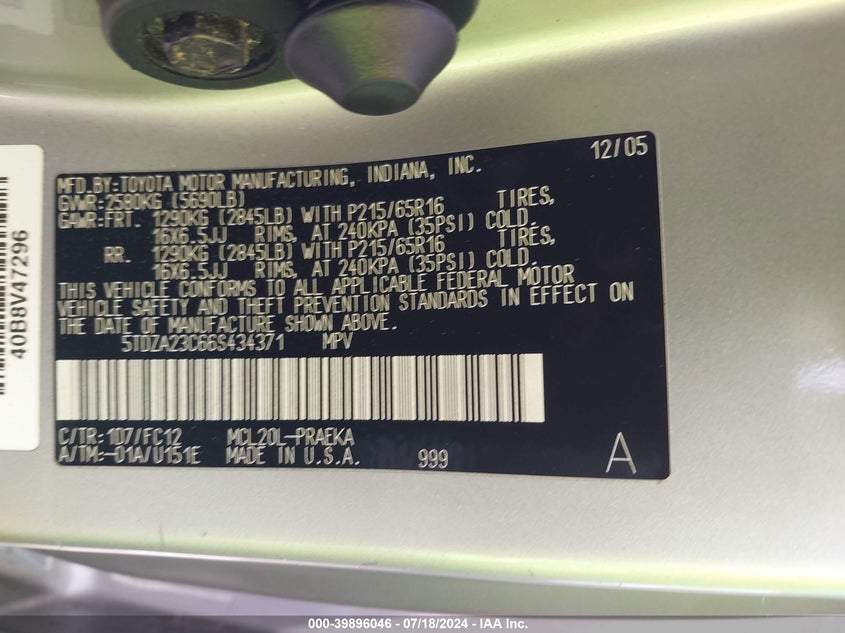 2006 Toyota Sienna Ce/Le VIN: 5TDZA23C66S434371 Lot: 39896046