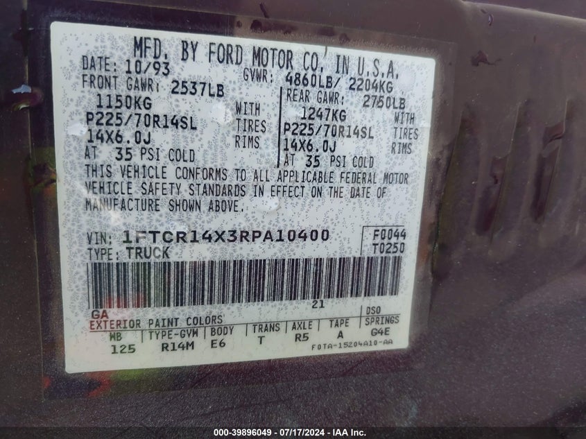 1994 Ford Ranger Super Cab VIN: 1FTCR14X3RPA10400 Lot: 39896049