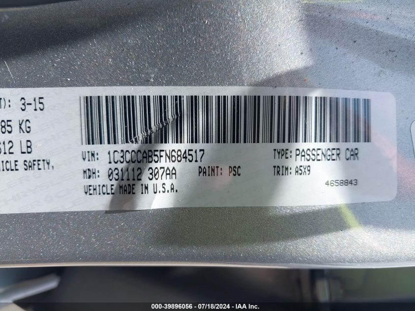 2015 Chrysler 200 Limited VIN: 1C3CCCAB5FN684517 Lot: 39896056