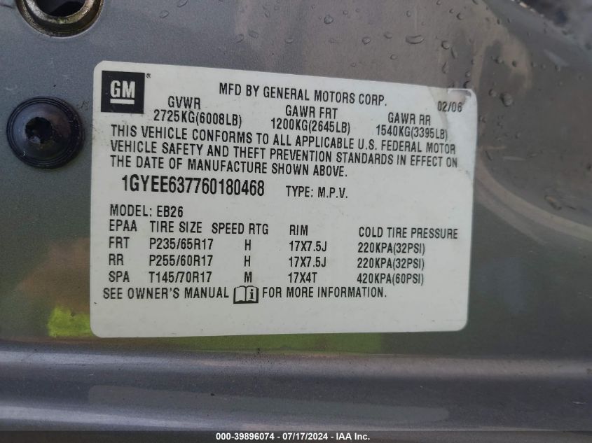 2006 Cadillac Srx V6 VIN: 1GYEE637760180468 Lot: 39896074