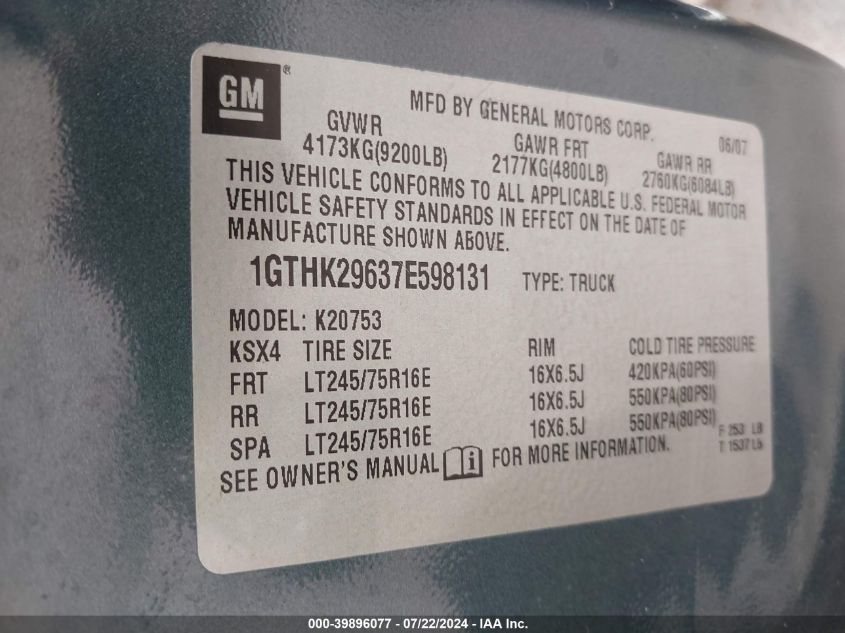 2007 GMC Sierra 2500Hd Sle1 VIN: 1GTHK29637E598131 Lot: 39896077