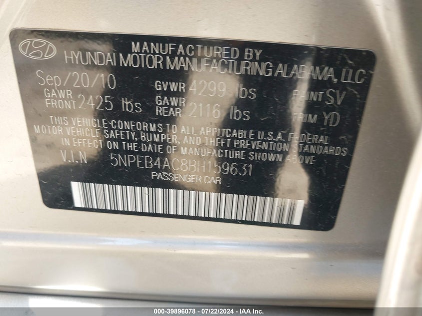 2011 Hyundai Sonata Gls VIN: 5NPEB4AC8BH159631 Lot: 39896078