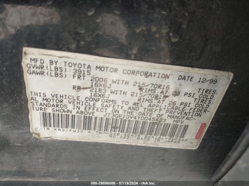 2000 Toyota Rav4 VIN: JT3GP10V4Y0045423 Lot: 39896086