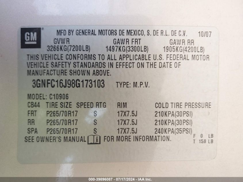 2008 Chevrolet Suburban 1500 Ls VIN: 3GNFC16J98G173103 Lot: 39896087