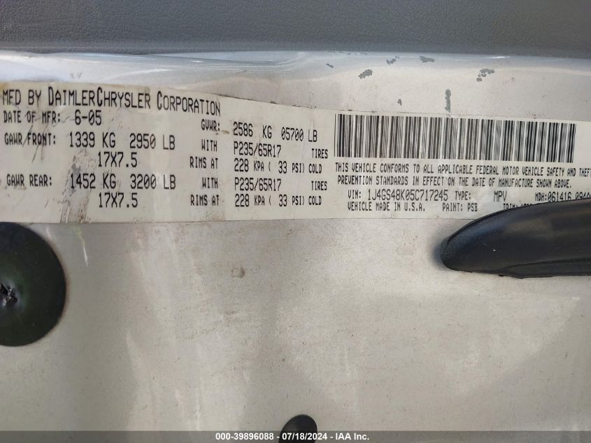 2005 Jeep Grand Cherokee Laredo VIN: 1J4GS48K05C717245 Lot: 39896088