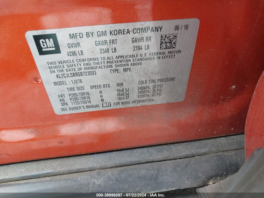 2016 Chevrolet Trax Lt VIN: KL7CJLSB9GB723593 Lot: 39896097