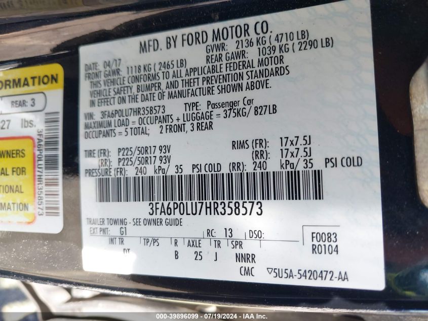 3FA6P0LU7HR358573 2017 Ford Fusion Hybrid Se