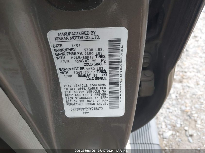 2001 Infiniti Qx4 Luxury VIN: JNRDR09Y21W218472 Lot: 39896100