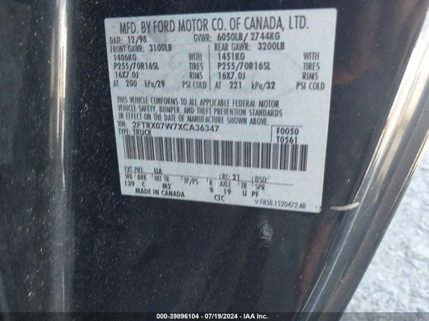 1999 Ford F-150 Lariat/Xl/Xlt VIN: 2FTRX07W7XCA36347 Lot: 39896104
