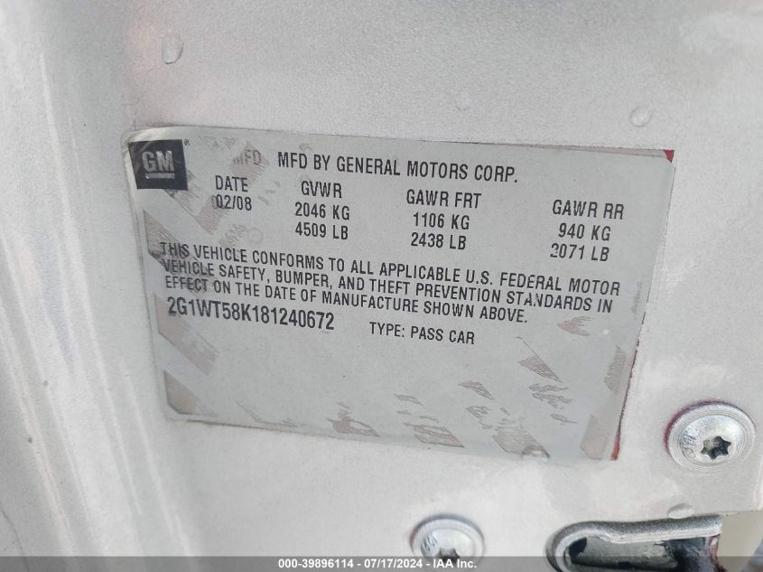 2008 Chevrolet Impala Lt VIN: 2G1WT58K181240672 Lot: 39896114