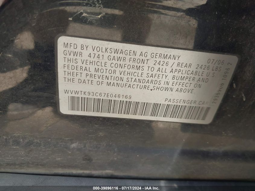 2007 Volkswagen Passat 2.0T VIN: WVWTK93C67E046169 Lot: 39896116