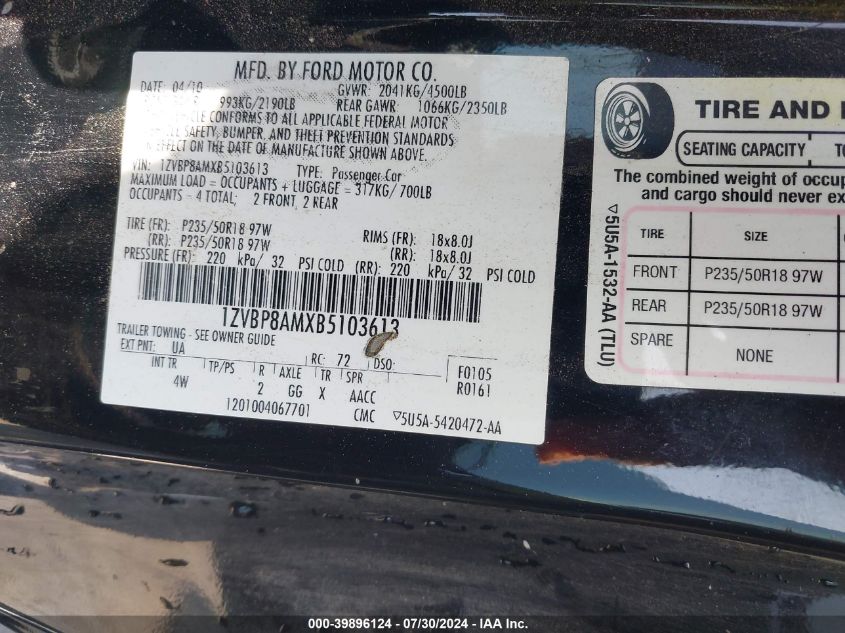 2011 Ford Mustang V6 Premium VIN: 1ZVBP8AMXB5103613 Lot: 39896124